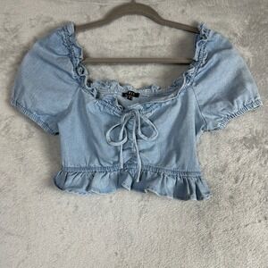 Denim Crop Top Ruffle Chambray Shirt S Puff Sleeve Western Y2K 90s Coquette